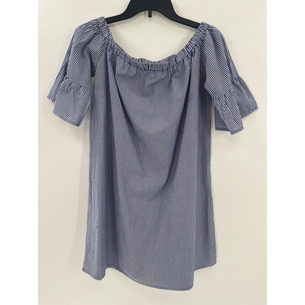 Heart Hips Off Shoulder Striped‎ Mini Dress Blue White Bell Sleeve Size Large